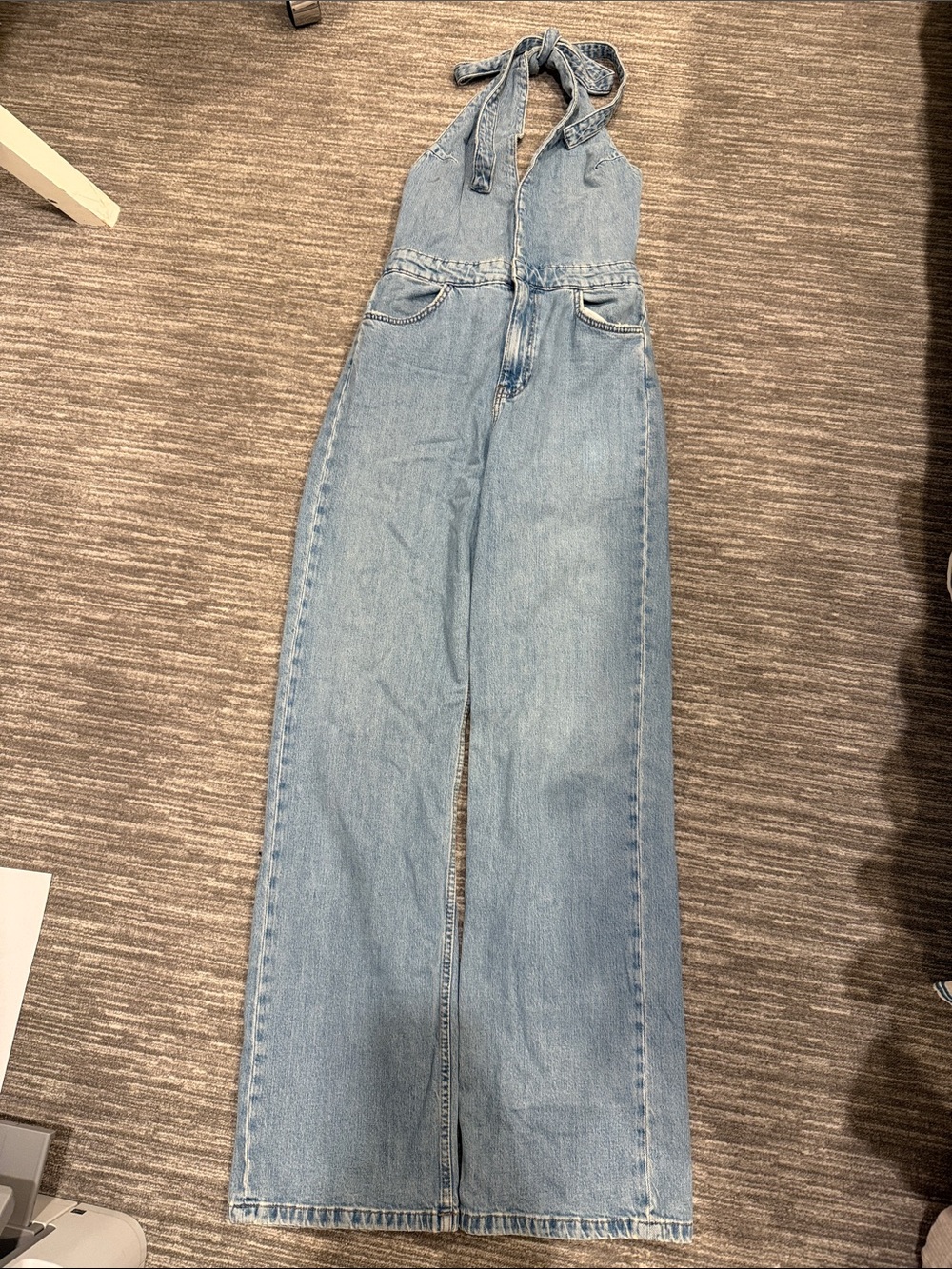 Zara Light Blue Denim Halter Jumpsuit Wide Leg